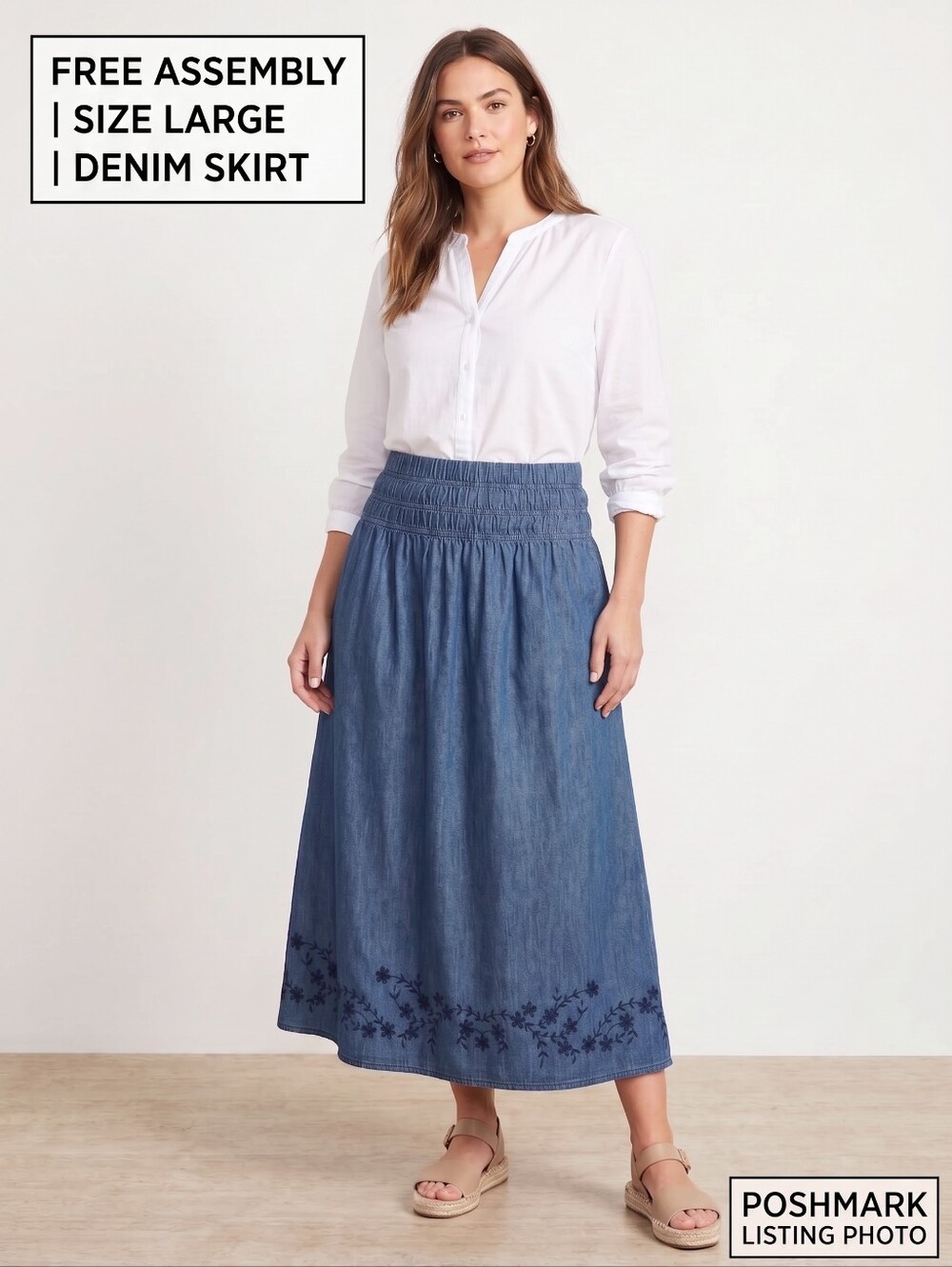 Denim Maxi Skirt with Smocked Waist and Embroidered Hem - Blue